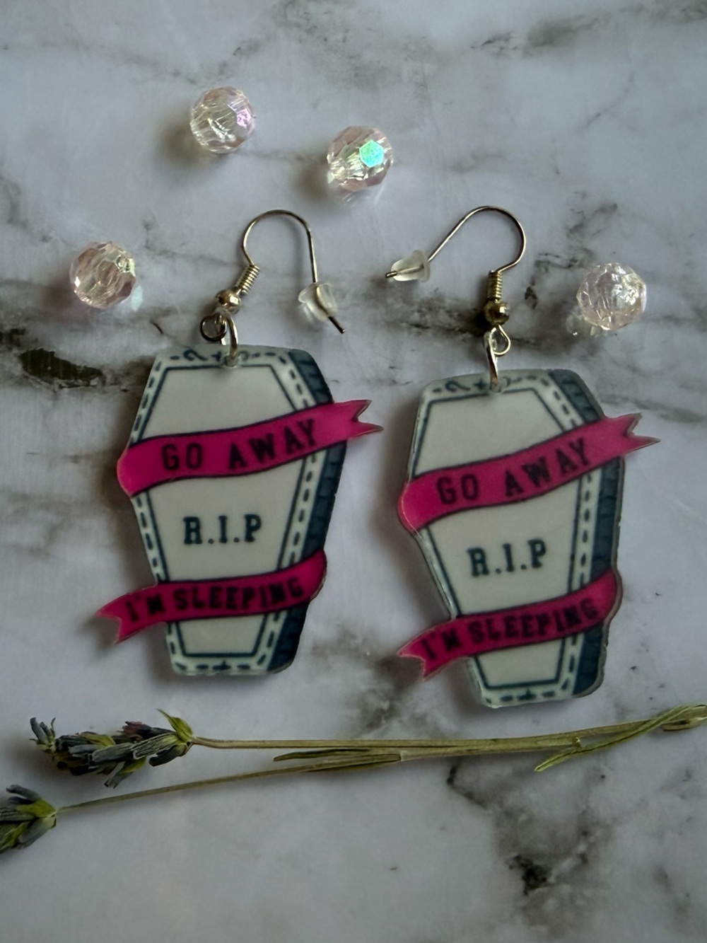 Novelty Coffin 'R.I.P. Go Away' Pink Banner Earrings - Women Accessories